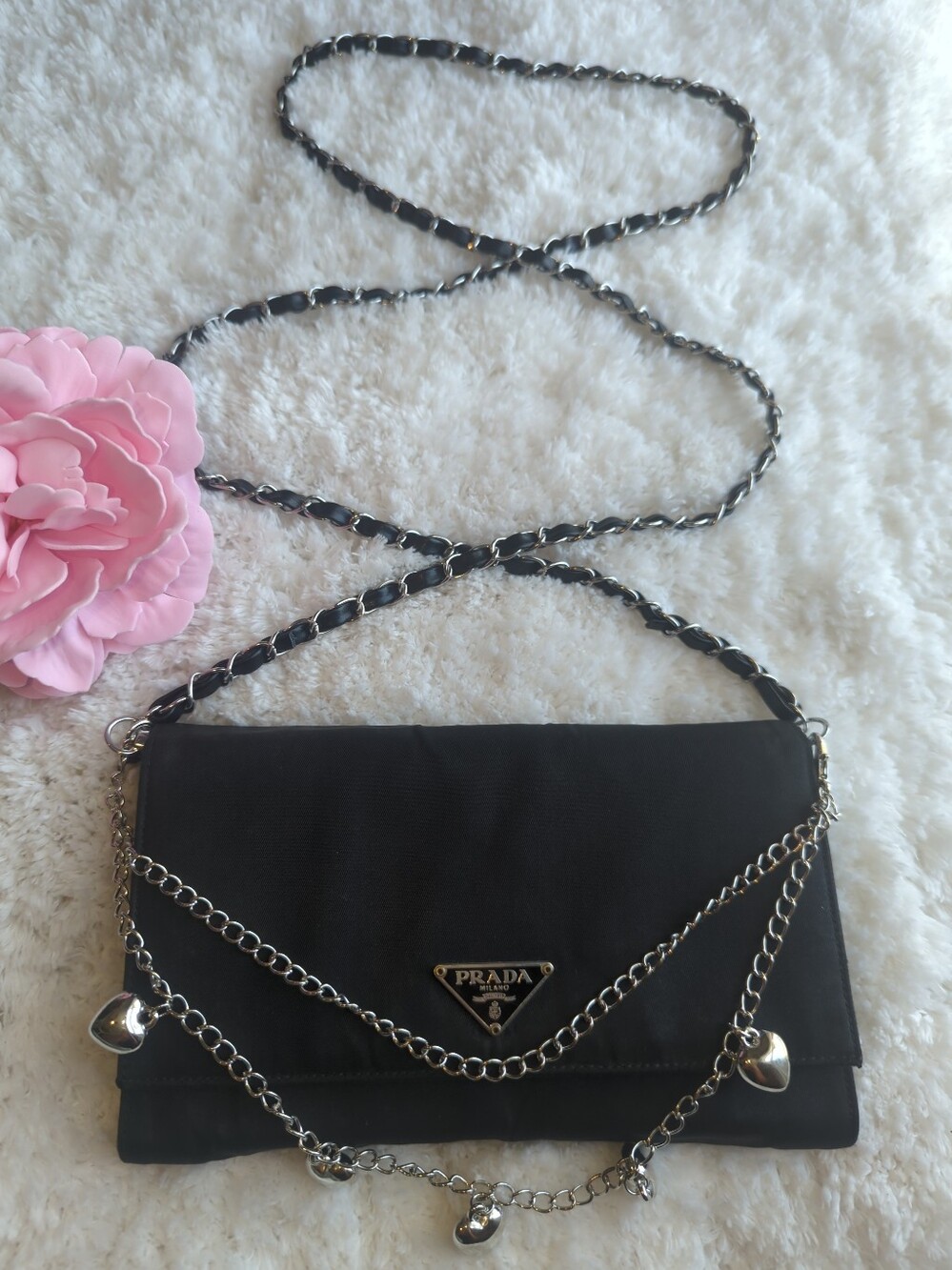 Prada Black Authentic Nylon Leather Long Wallet Silver Hardware + Strap Chain